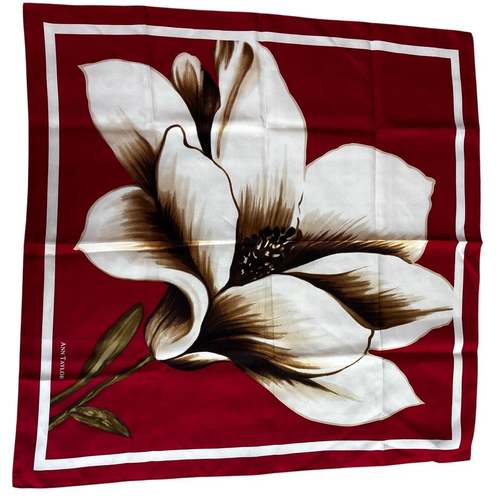 Ann Taylor silk scarf stylized mod square neckerchief red cream floral designer